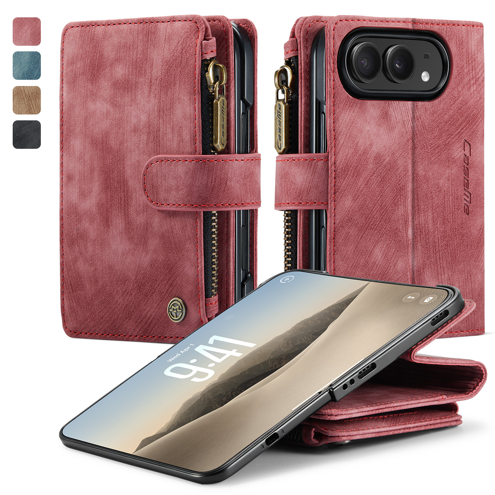 Caseme iPhone Duo PU leren hoesje - portemonnee bookcase met ritsvak, pasjeshouder en polsband - Rood