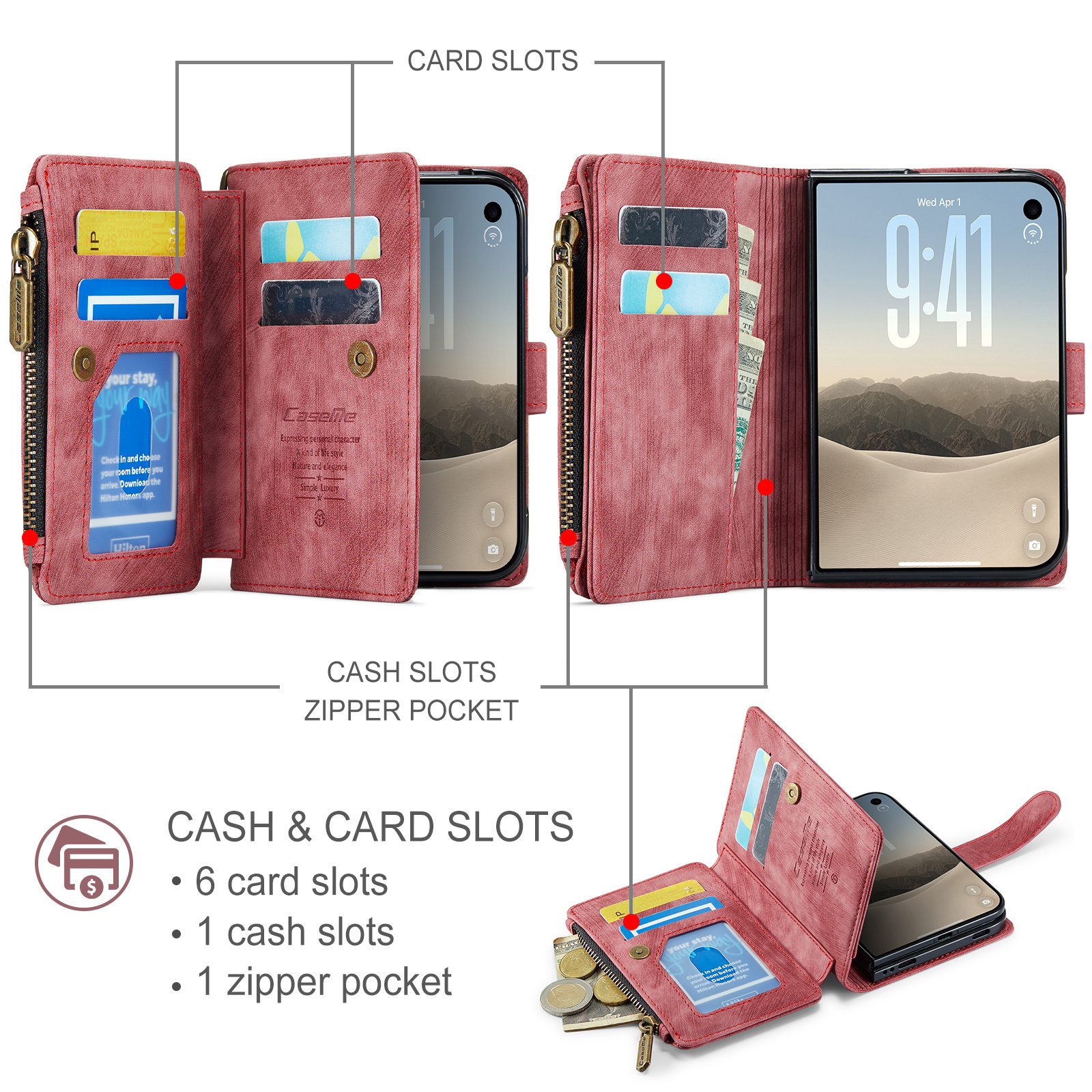 Caseme iPhone Duo PU leren hoesje - portemonnee bookcase met ritsvak, pasjeshouder en polsband - Rood
