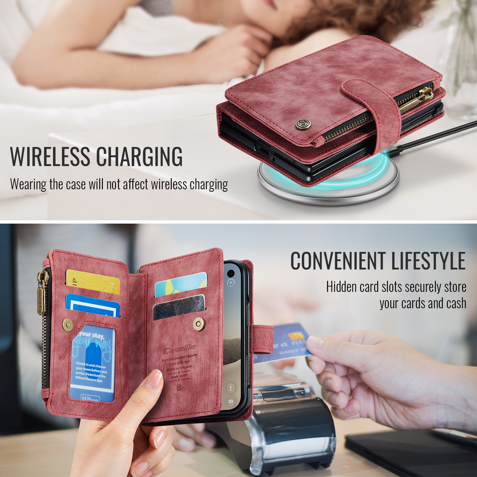 Caseme iPhone Duo PU leren hoesje - portemonnee bookcase met ritsvak, pasjeshouder en polsband - Rood