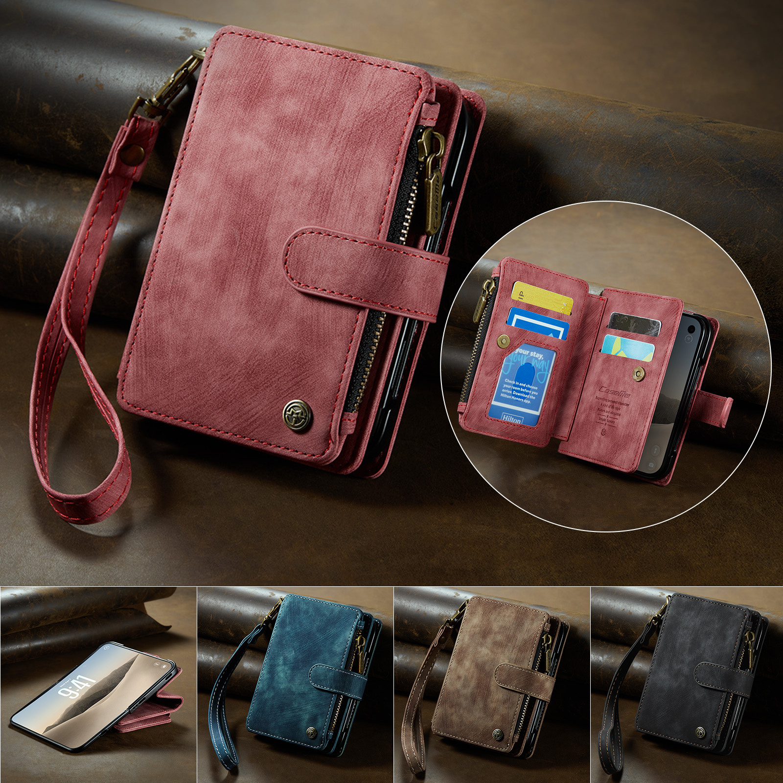 Caseme iPhone Duo PU leren hoesje - portemonnee bookcase met ritsvak, pasjeshouder en polsband - Rood