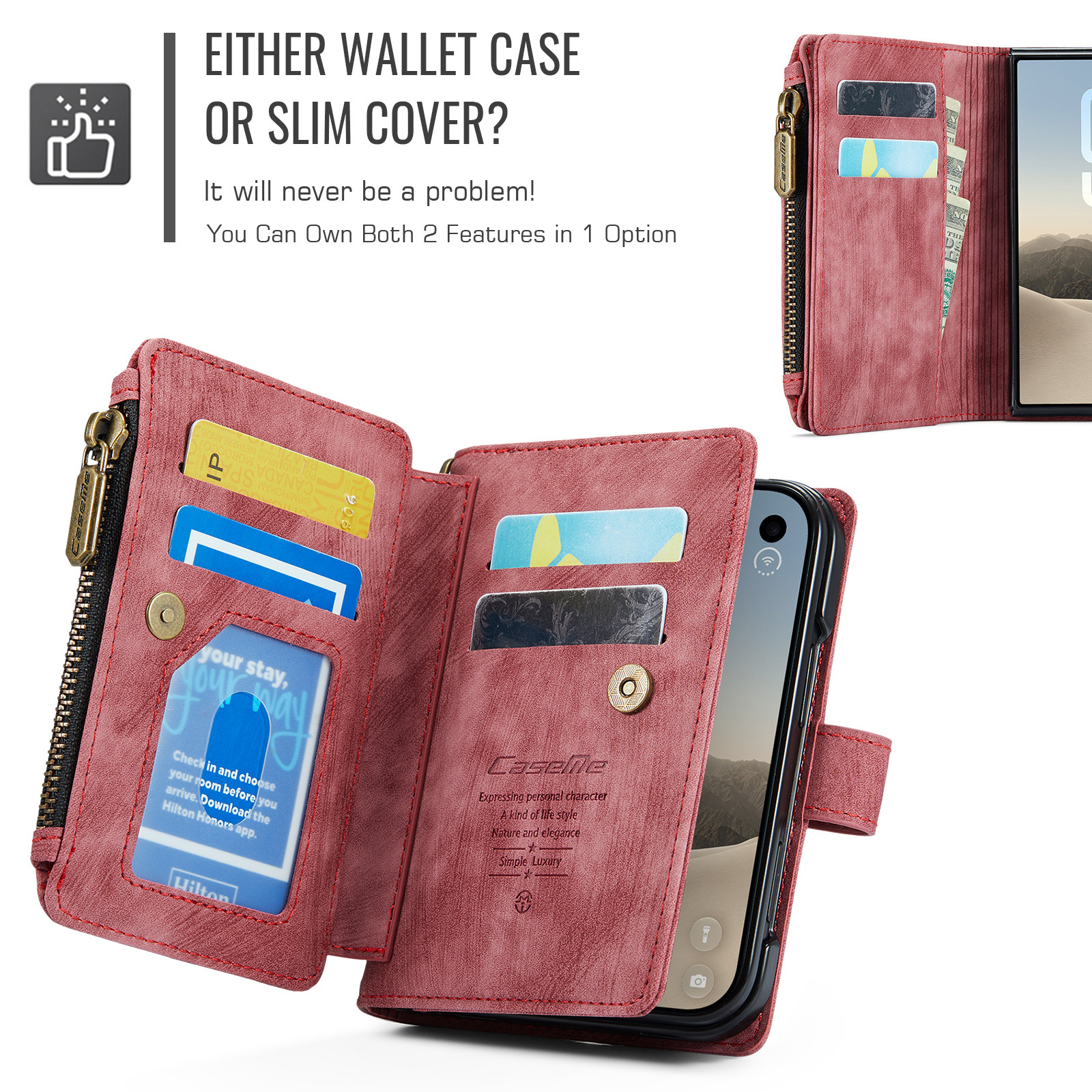 Caseme iPhone Duo PU leren hoesje - portemonnee bookcase met ritsvak, pasjeshouder en polsband - Rood