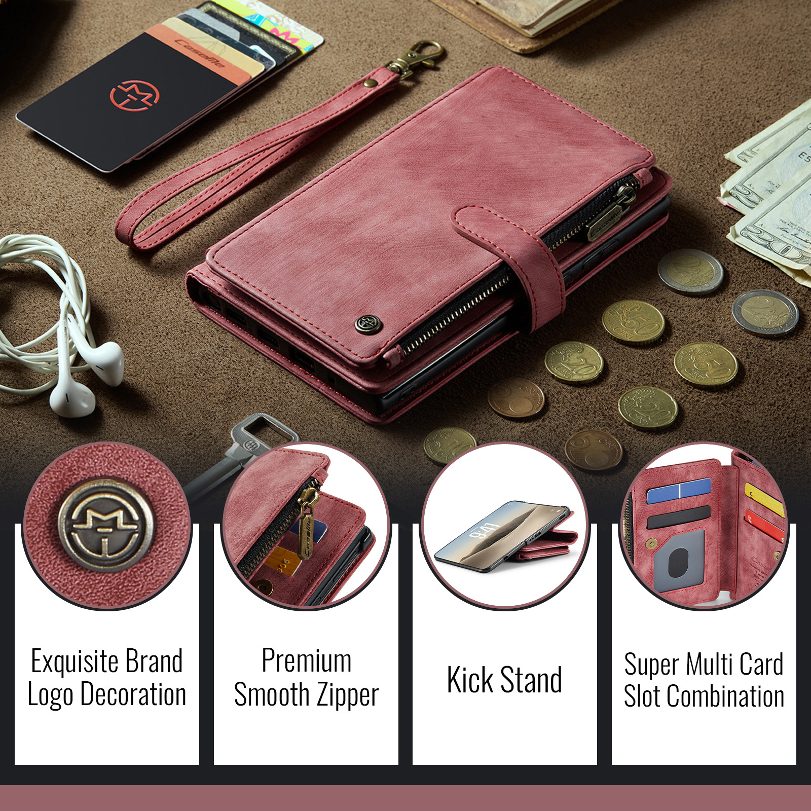 Caseme iPhone Duo PU leren hoesje - portemonnee bookcase met ritsvak, pasjeshouder en polsband - Rood