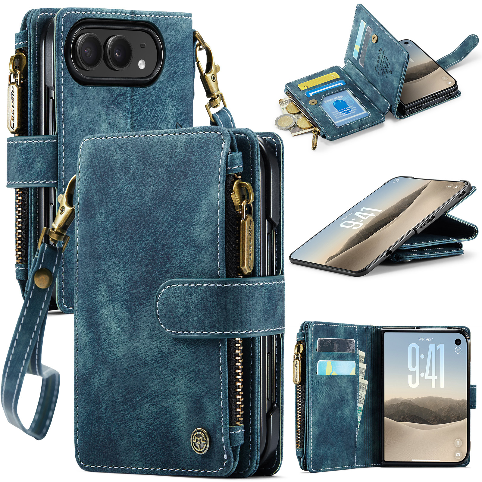 Caseme iPhone Duo PU leren hoesje - portemonnee bookcase met ritsvak, pasjeshouder en polsband - Petrol