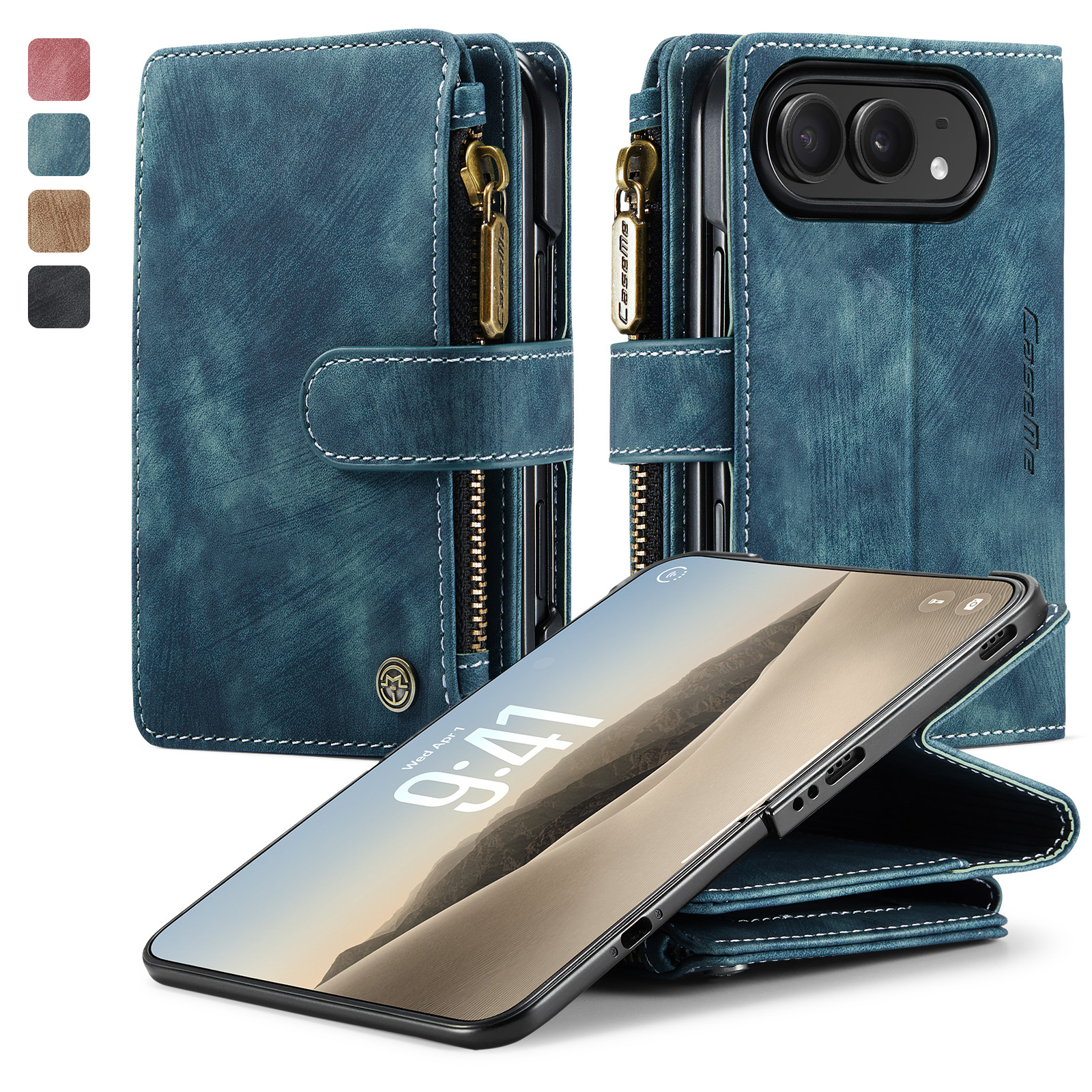 Caseme iPhone Duo PU leren hoesje - portemonnee bookcase met ritsvak, pasjeshouder en polsband - Petrol