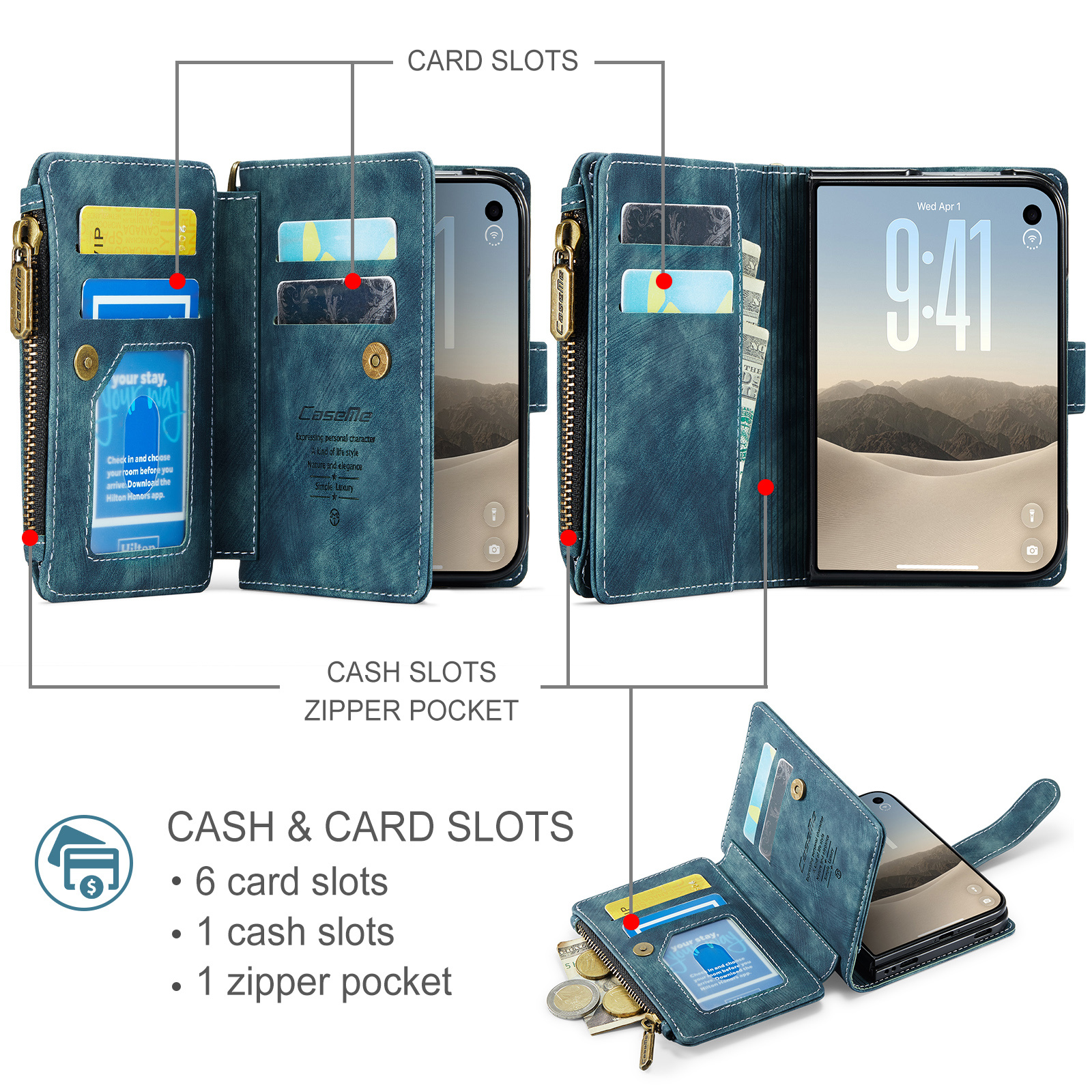 Caseme iPhone Duo PU leren hoesje - portemonnee bookcase met ritsvak, pasjeshouder en polsband - Petrol