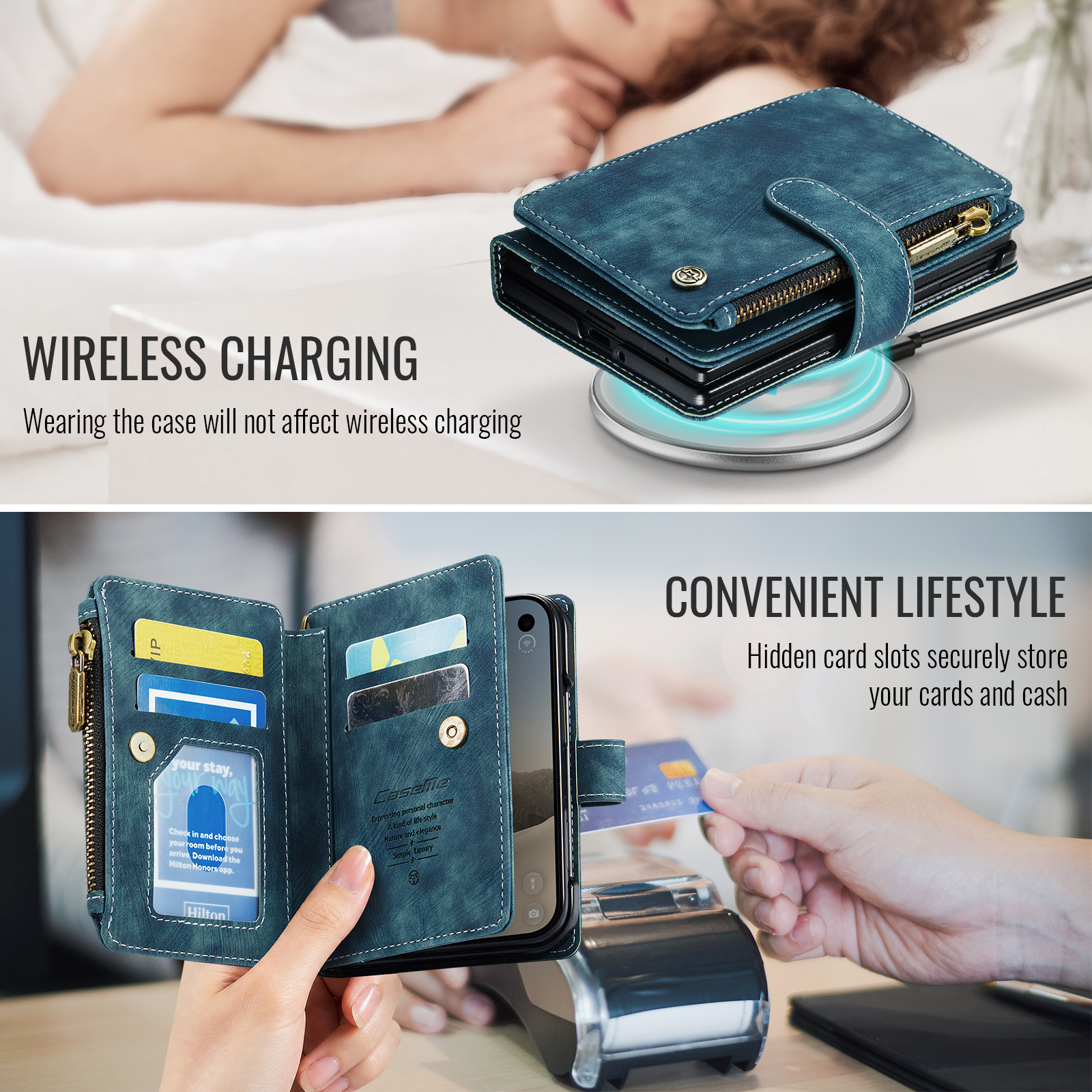 Caseme iPhone Duo PU leren hoesje - portemonnee bookcase met ritsvak, pasjeshouder en polsband - Petrol