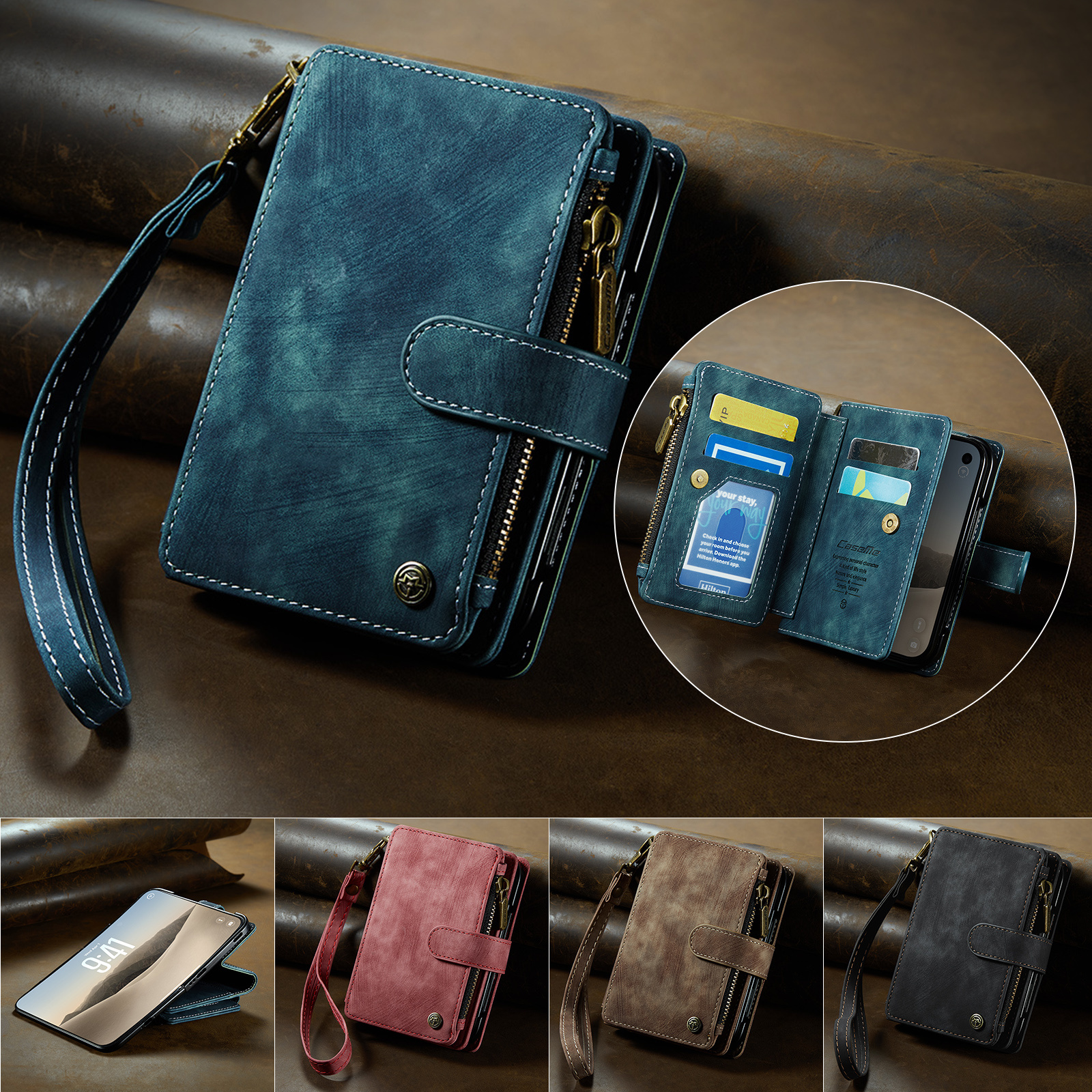 Caseme iPhone Duo PU leren hoesje - portemonnee bookcase met ritsvak, pasjeshouder en polsband - Petrol