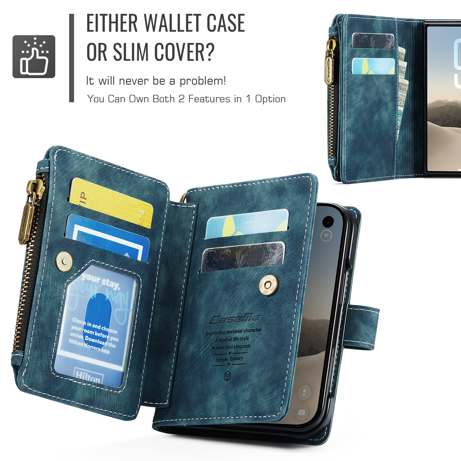 Caseme iPhone Duo PU leren hoesje - portemonnee bookcase met ritsvak, pasjeshouder en polsband - Petrol