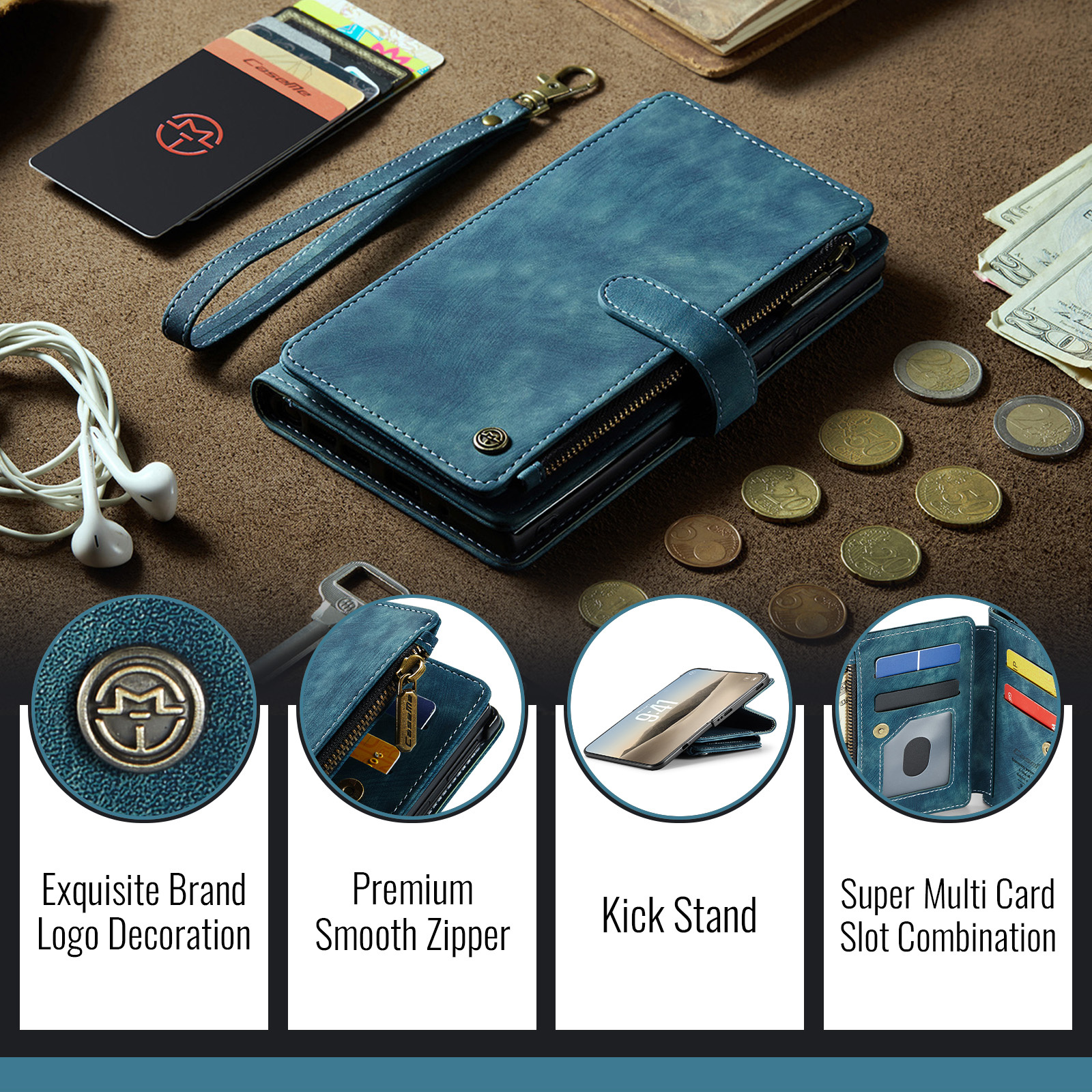 Caseme iPhone Duo PU leren hoesje - portemonnee bookcase met ritsvak, pasjeshouder en polsband - Petrol
