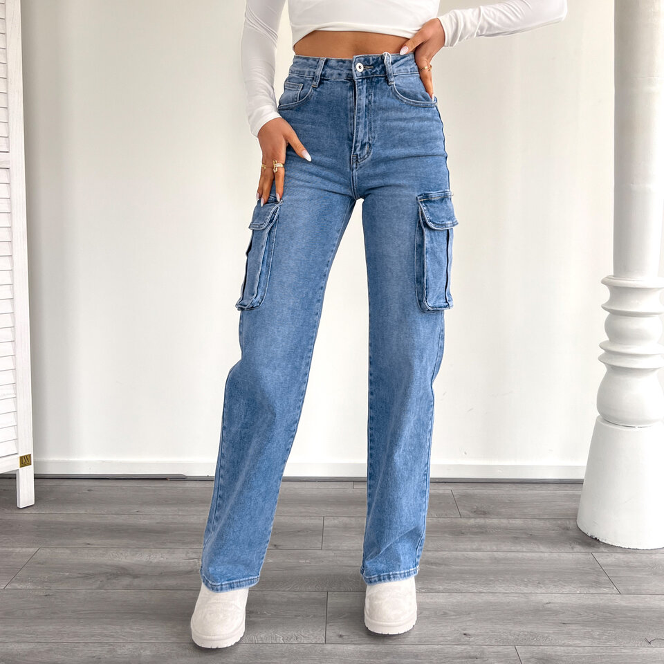 Kyra Wide Leg Cargo Jeans Blauw