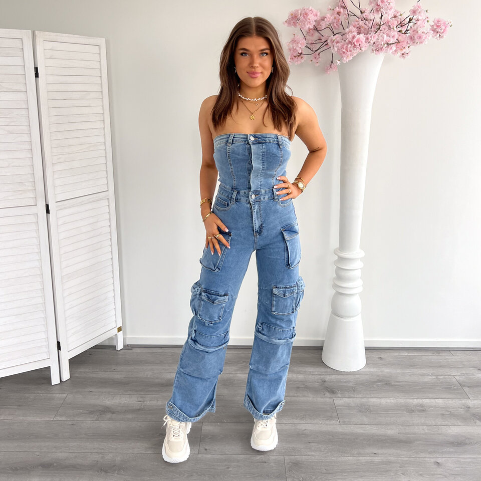 Denim Cargo Jumpsuit Blauw