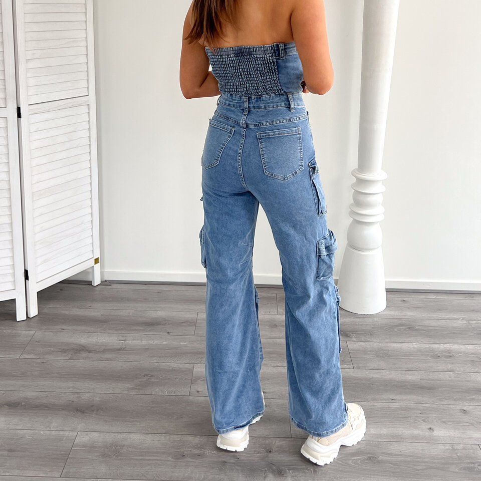 Denim Cargo Jumpsuit Blauw