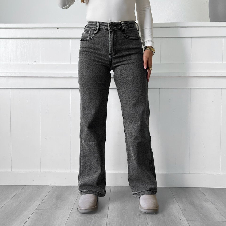 Grijze Leopard Wide Leg Jeans