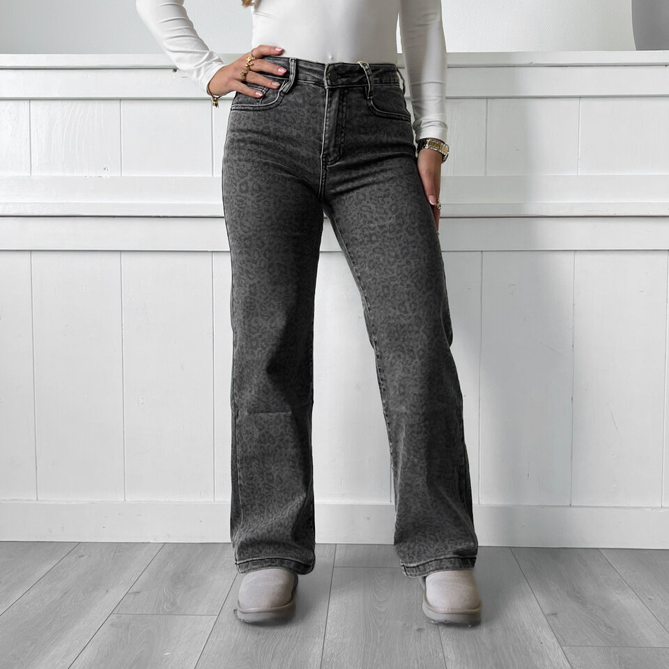 Grijze Leopard Wide Leg Jeans