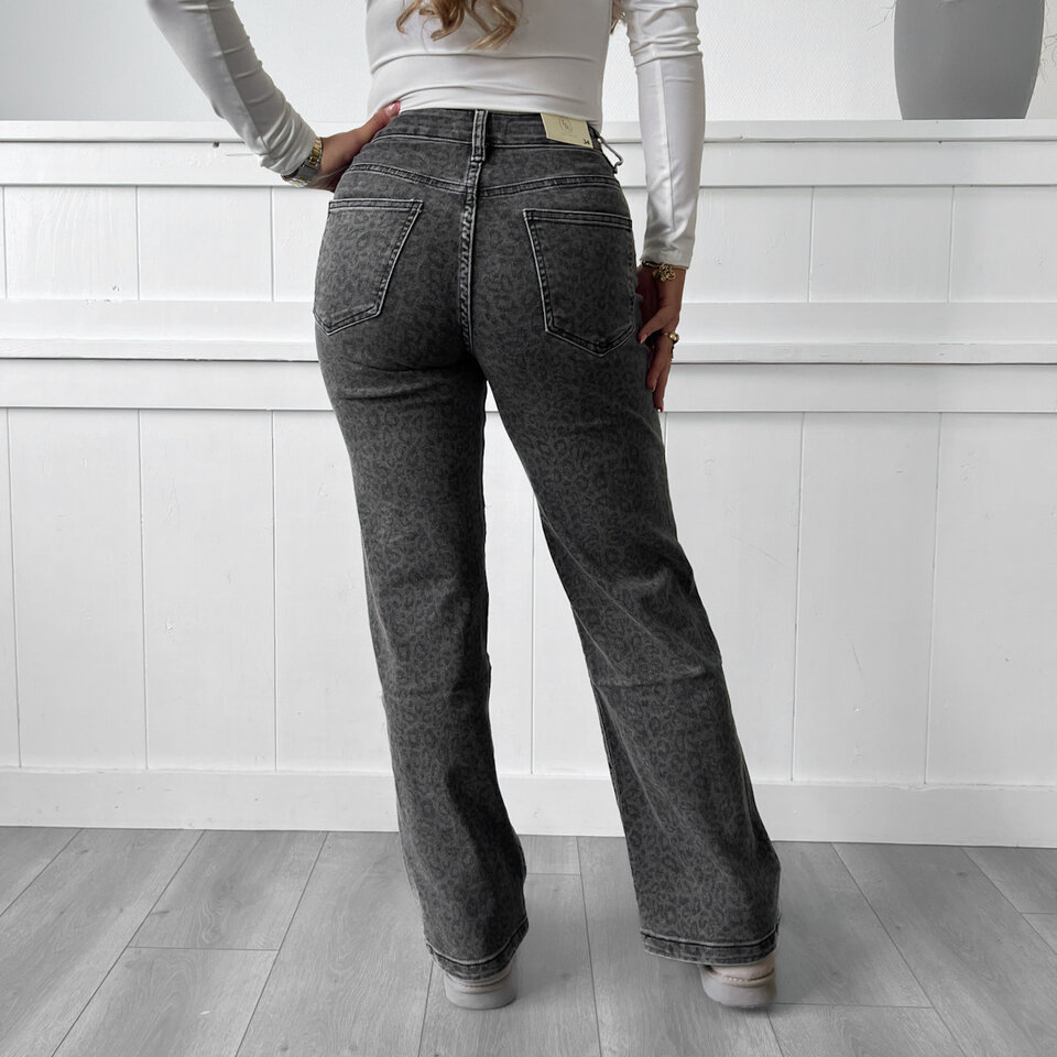 Grijze Leopard Wide Leg Jeans