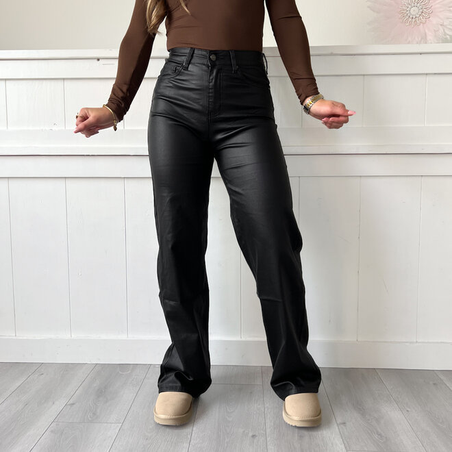 Evy Coated Wide Leg Broek Zwart