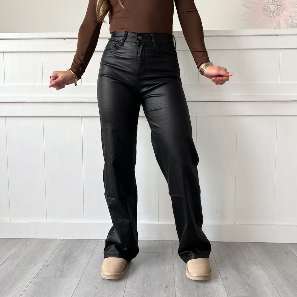 Evy Coated Wide Leg Broek Zwart