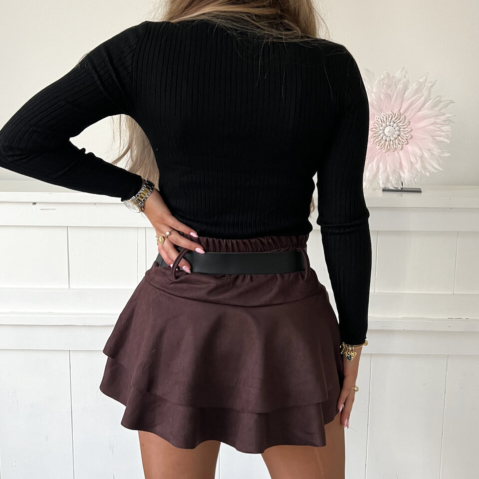 Suede Ruffle Skort + Riem Bruin