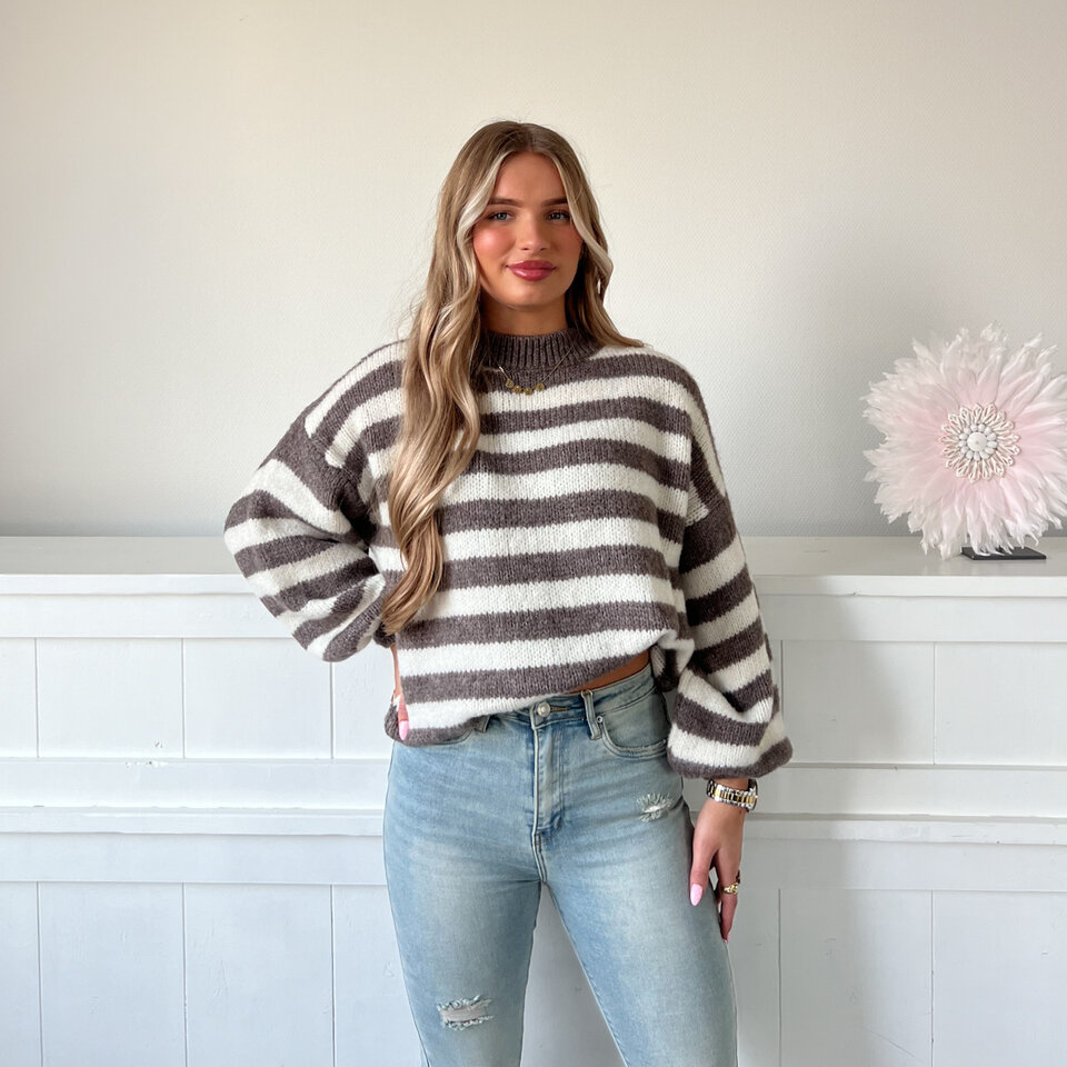 Strepen Trui Wit Taupe