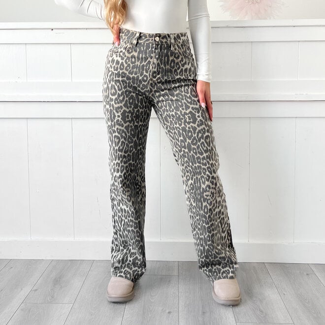 Milas Leopard Wide Leg Jeans Beige