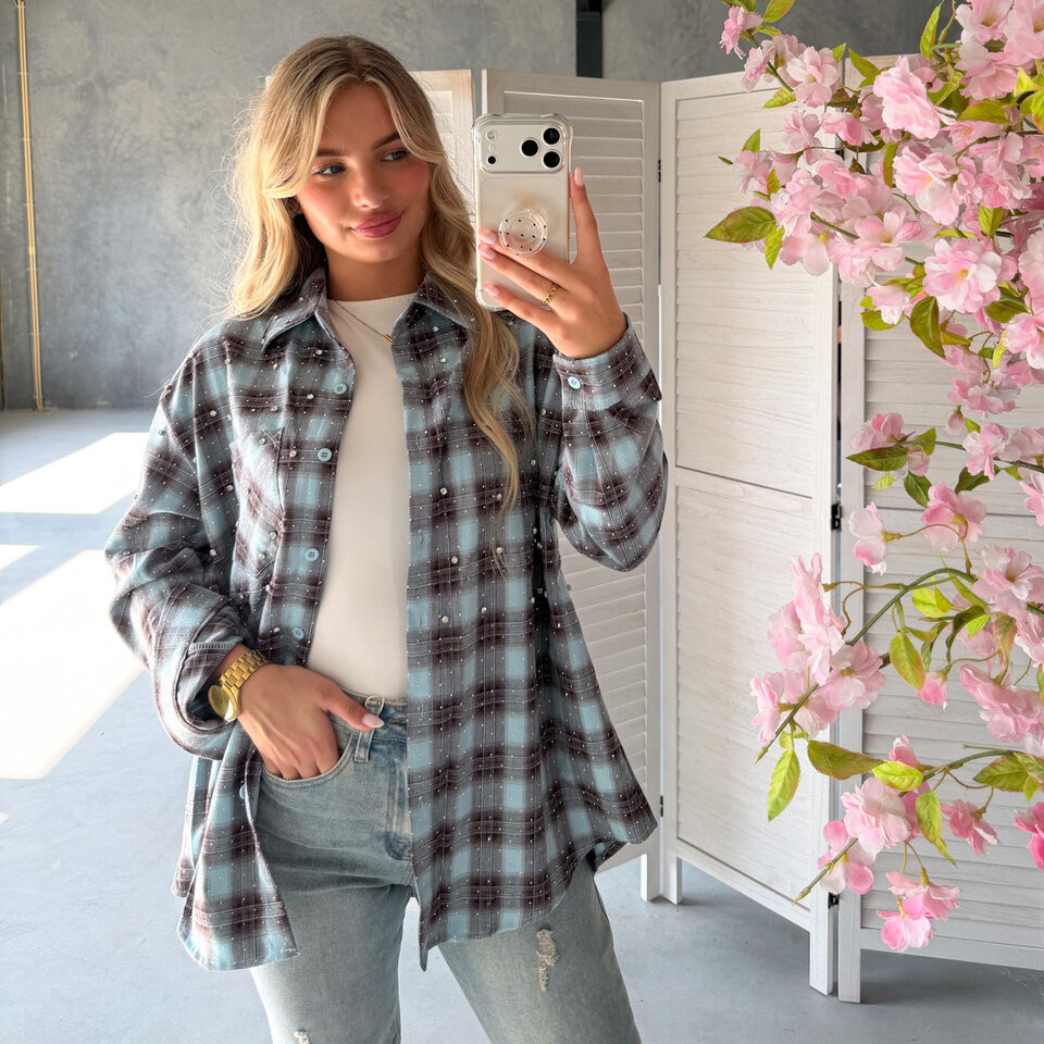 Blossom Diamantjes Blouse Turkoois Bruin