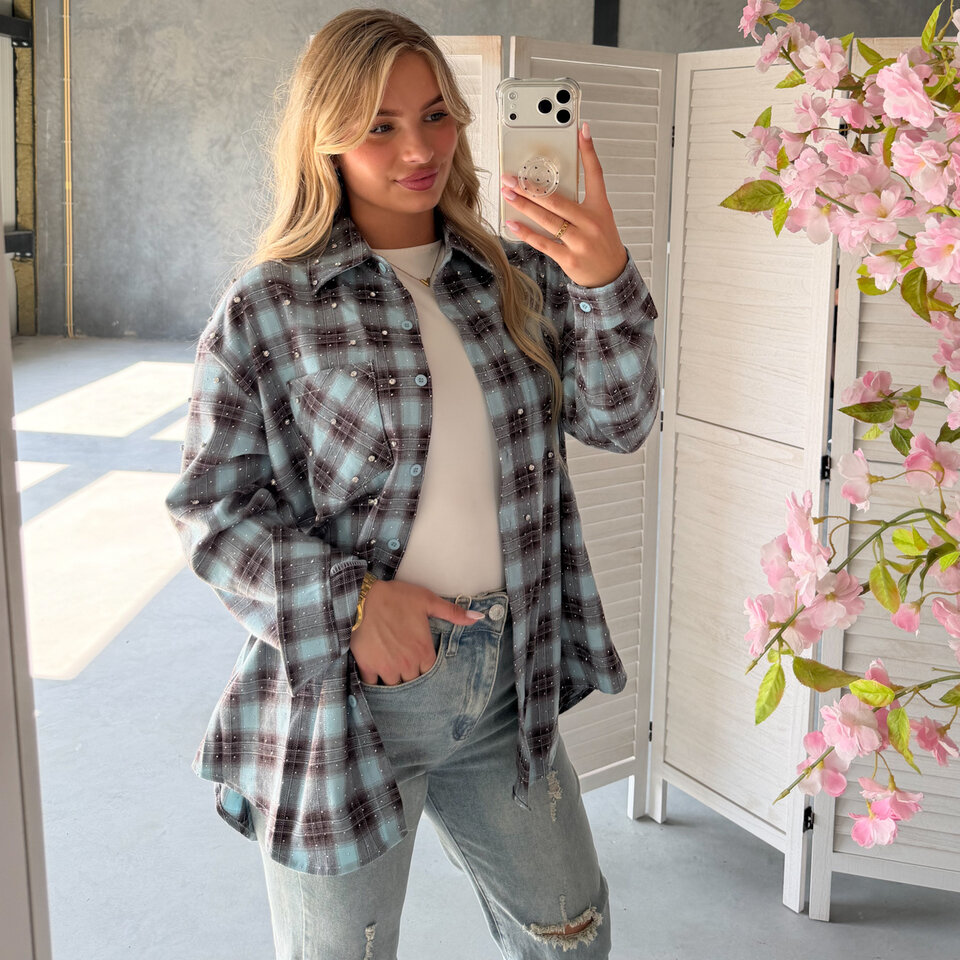 Blossom Diamantjes Blouse Turkoois Bruin