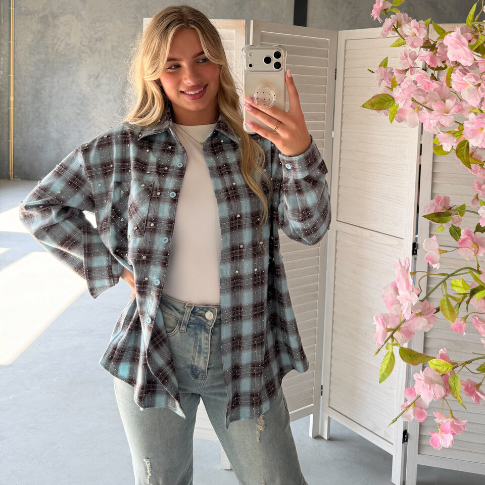 Blossom Diamantjes Blouse Turkoois Bruin