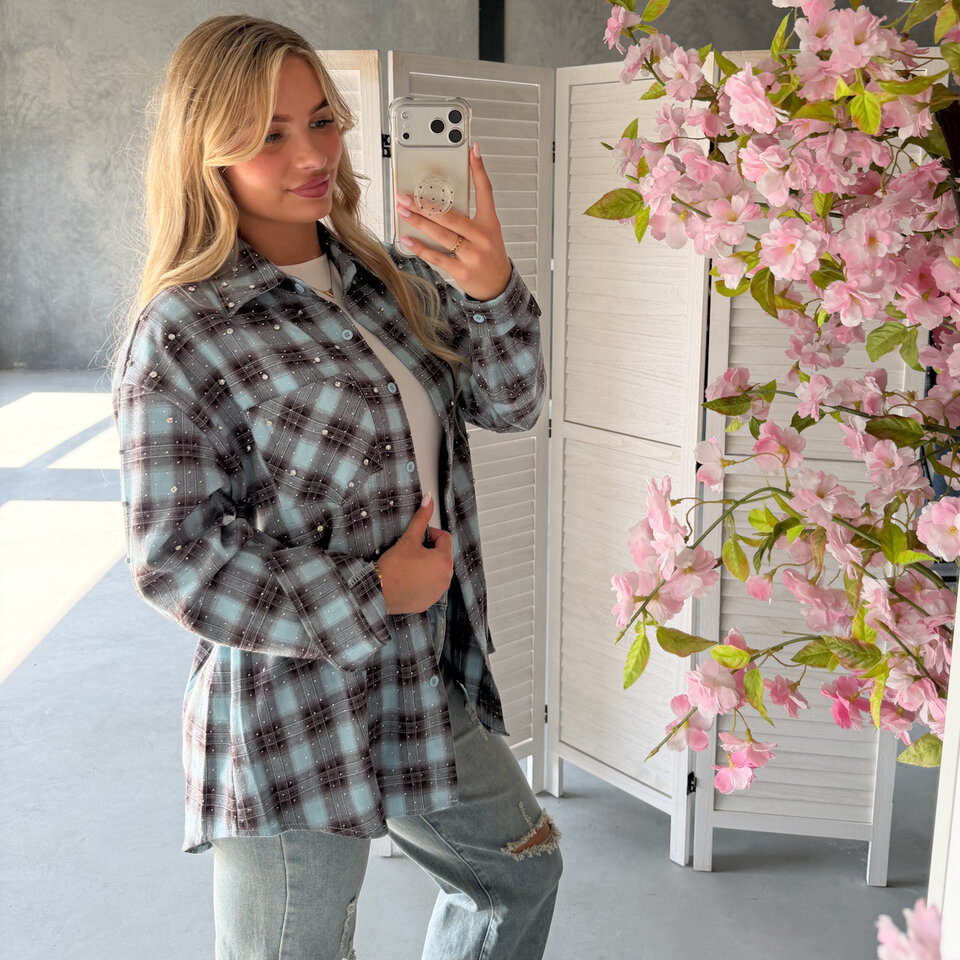 Blossom Diamantjes Blouse Turkoois Bruin
