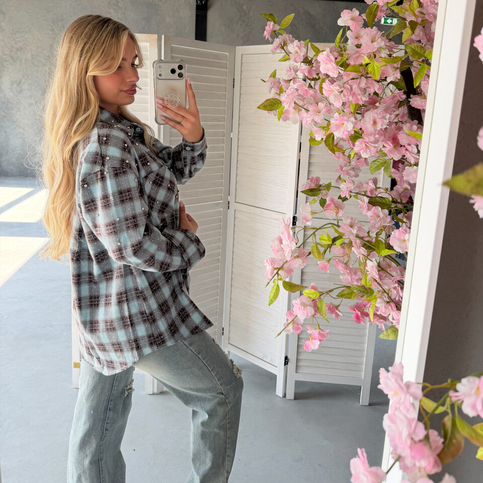 Blossom Diamantjes Blouse Turkoois Bruin