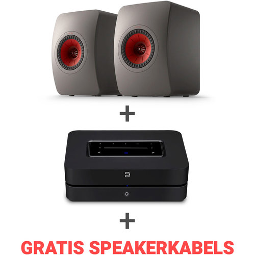 KEF Combi Deal LS50 Meta Boekenplank speaker + Bluesound Powernode N330 met HDMI- Draadloze Muziek Streaming-versterker - Grijs/Zwart (met GRATIS speakerkabels)