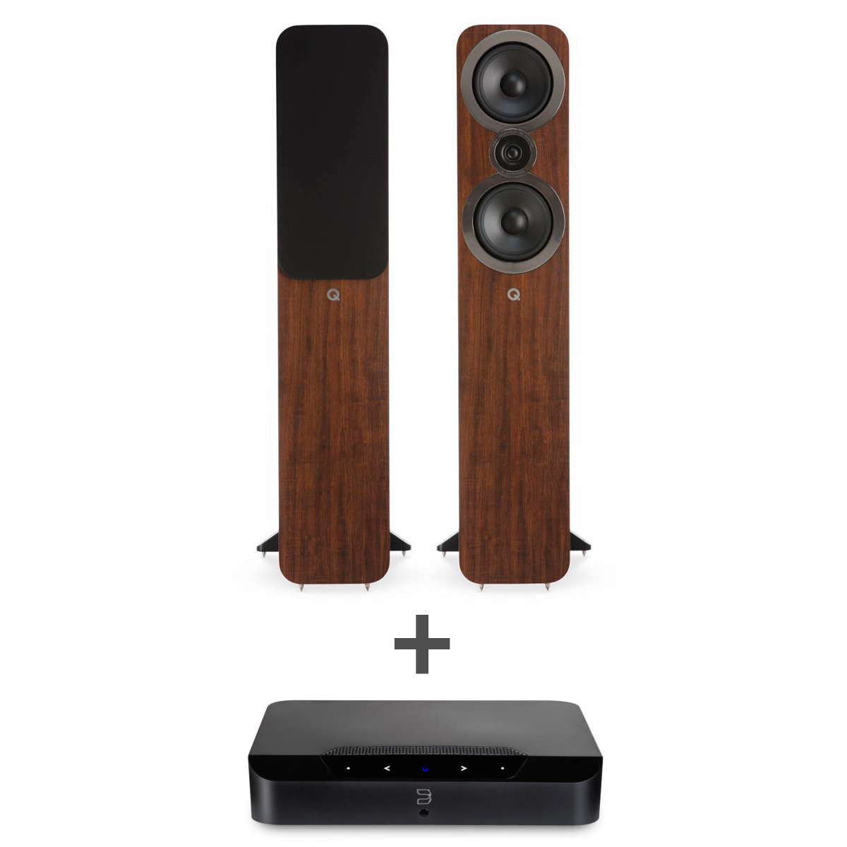 Q Acoustics Combi Deal 3050i Vloerstaande Speakers + Bluesound Powernode EDGE (N230) Stereoversterker - Walnoot/Zwart (met GRATIS speakerkabels)