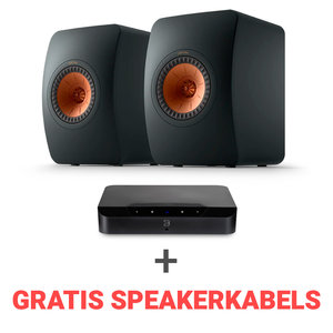 KEF Combi Deal LS50 Meta Boekenplank speaker + Bluesound Powernode EDGE (N230) Stereoversterker - Zwart/Zwart (met GRATIS speakerkabels)