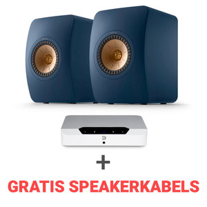 KEF Combi Deal LS50 Meta Boekenplank speaker + Bluesound Powernode EDGE (N230) Stereoversterker - Wit/Blauw (met GRATIS speakerkabels)