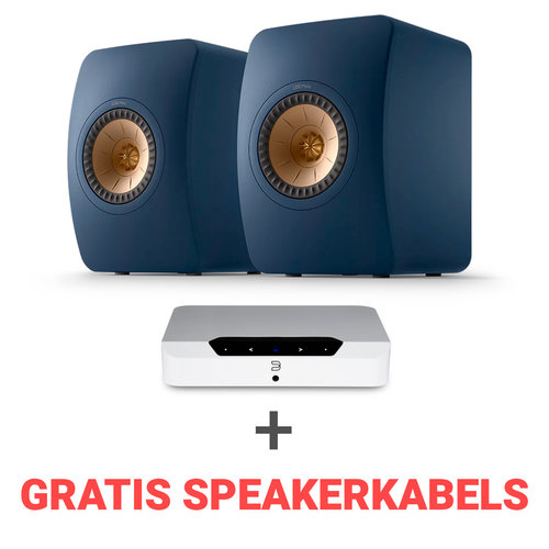 KEF KEF Combi Deal LS50 Meta Boekenplank speaker + Bluesound Powernode EDGE (N230) Stereoversterker - Wit/Blauw (met GRATIS speakerkabels)