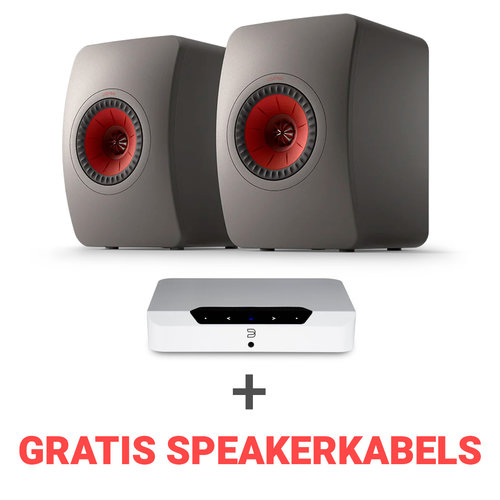 KEF KEF Combi Deal LS50 Meta Boekenplank speaker + Bluesound Powernode EDGE (N230) Stereoversterker - Wit/Grijs (met GRATIS speakerkabels)