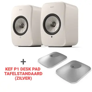KEF Combi Deal LSX II LT - wit  + KEF P1 Desk pad tafelstandaard - zilver KEF Combi Deal LSX II LT - wit  + KEF P1 Desk pad tafelstandaard - zilver