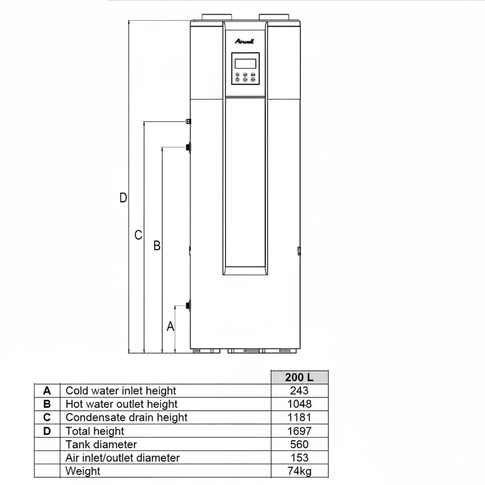 Airwell Airwell Eleo M TFHA 200L Warmtepompboiler R290 met RVS Tank Airwell Airwell Eleo M TFHA 200L Warmtepompboiler R290 met RVS Tank