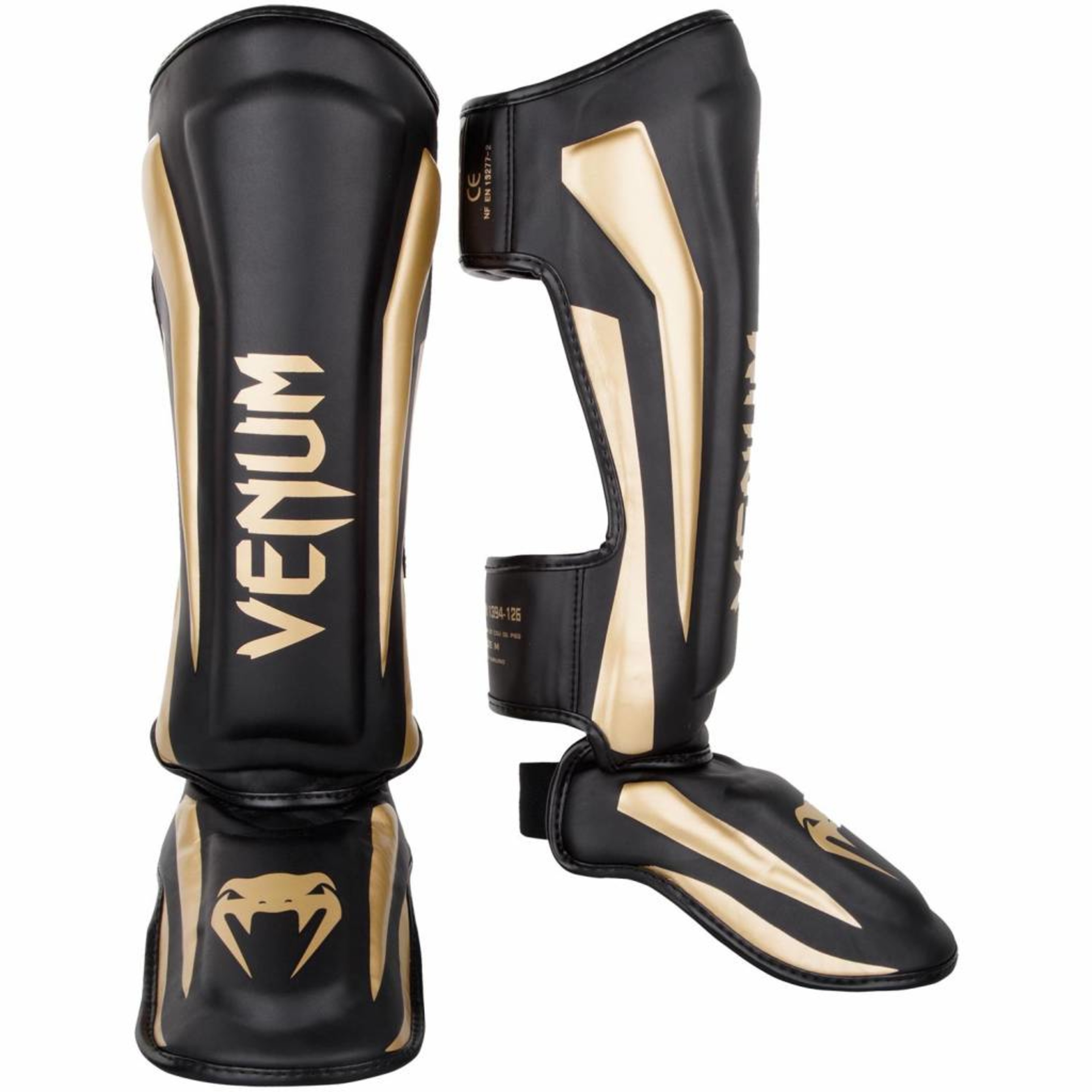 Venum Kickboks Scheenbeschermers Elite Zwart Goud FIGHTWEAR SHOP