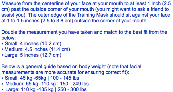 Training Mask 3 0 Size Chart