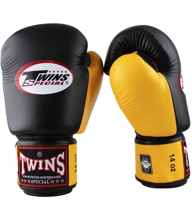 Twins Special BGVL3 Leren Bokshandschoenen Zwart Geel – Handgemaakt in Thailand voor Muay Thai, Kickboksen & Bokstraining