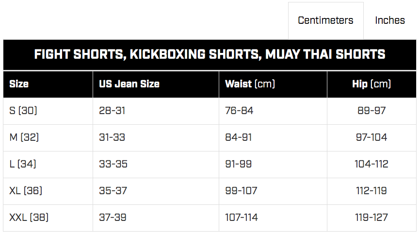 Mma Shorts Size Chart