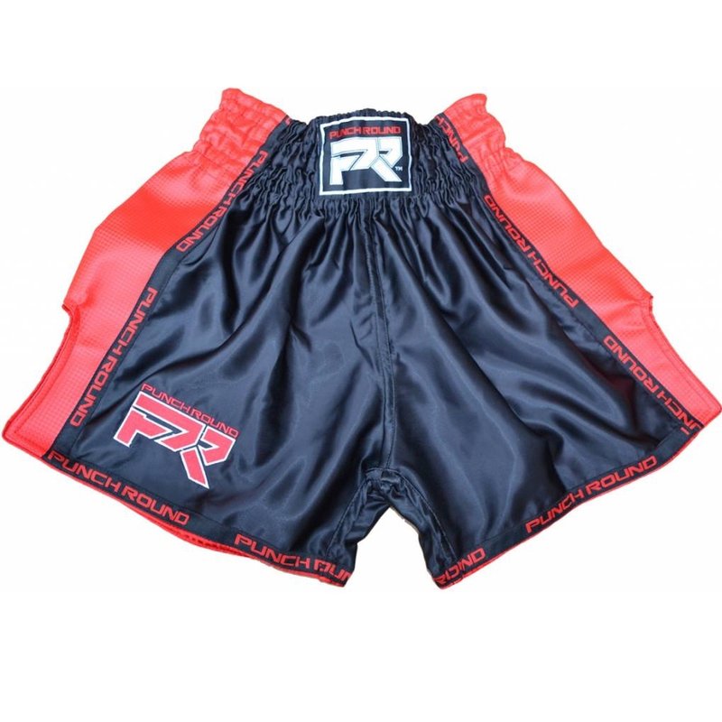 PunchR™  Muay Thai Shorts Matte Carbon Black Red Punch Round Fightwear