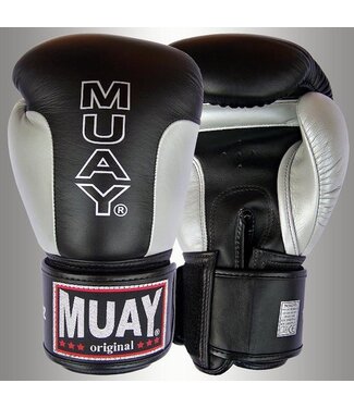 MUAY® Premium Leder Bokshandschoenen Zwart Zilver