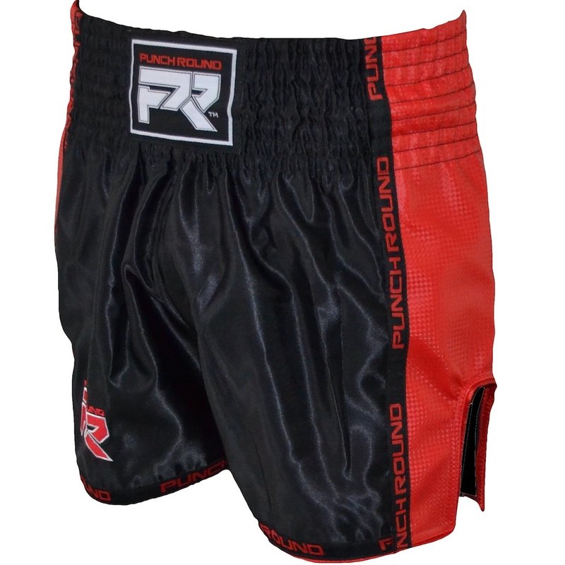 PunchR™  Muay Thai Shorts Matte Carbon Black Red Punch Round Fightwear