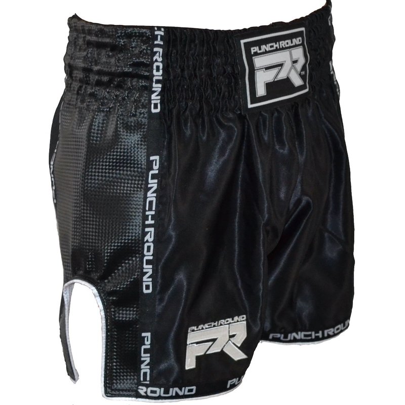 PunchR™  Muay Thai Shorts Matte Carbon Schwarz Weiss Punch Round Fightwear