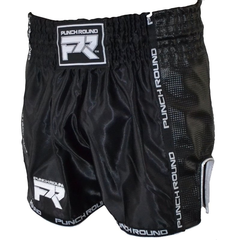 PunchR™  Muay Thai Shorts Matte Carbon Schwarz Weiss Punch Round Fightwear