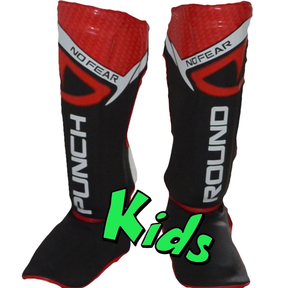 Punch Round Kids NoFear Kickboxing Shin Guards Black Red