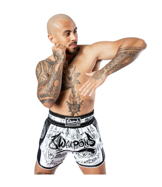 8 Weapons Muay Thai Short Carbon Sak Yant Tigers White