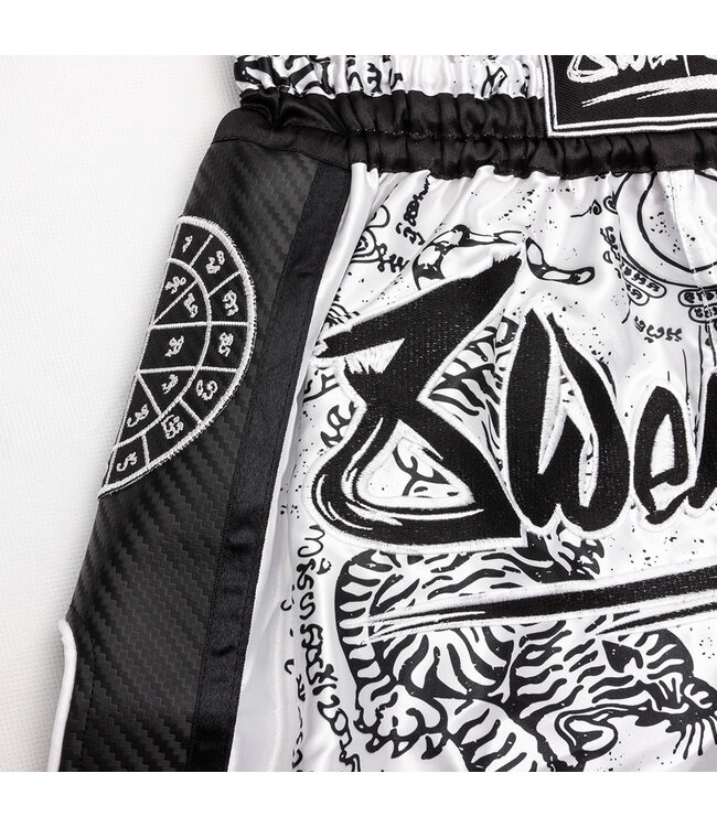 8 Weapons Muay Thai Short Carbon Sak Yant Tigers White