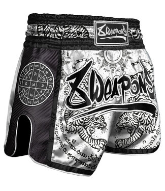 8 Weapons 8 Wapens Muay Thai Short Carbon Sak Yant Tigers White